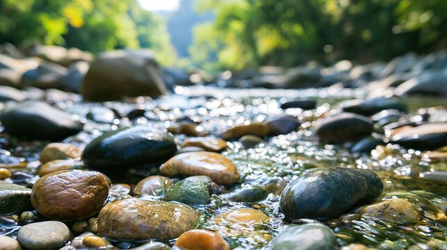 Smooth pebbles mountain stream sparkling water