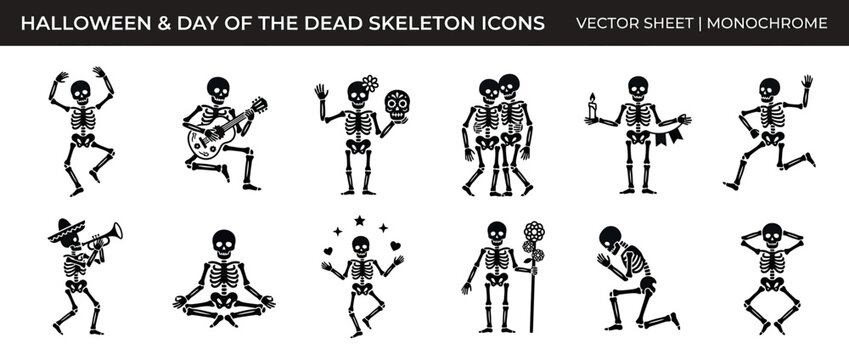 Monochrome Skeleton Icons for Halloween and Day of the Dead
