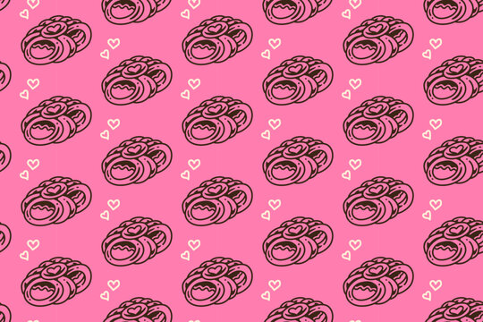 Danish pastry with loves retro illustration seamless pattern on pink background set for merchandise. braided cake dessert with hearts doodle hand drawn repeating pattern motif background
