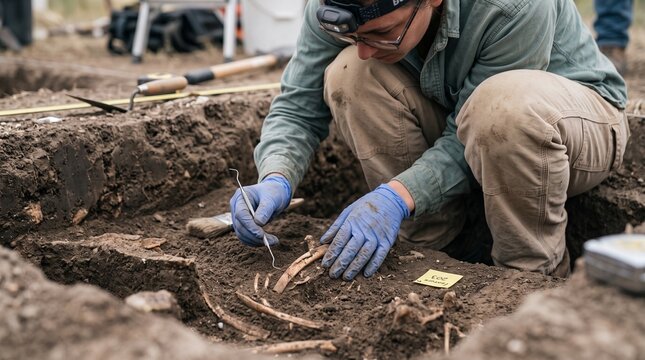 Archaeologist carefully excavates ancient human remains with tools at an outdoor dig site