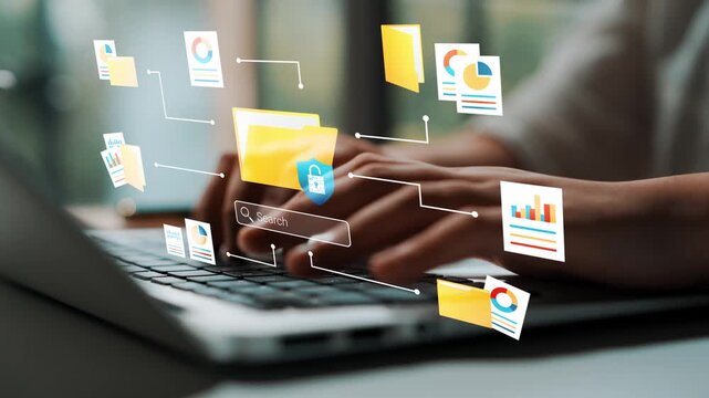 Hands Typing on Laptop Keyboard with Search Icon and Digital File Folder Illustrations Emphasizing Data Organization and Secure Information Access Gluon.