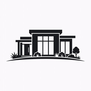 Black and white vector icon of a modern single-story house with flat roof, large glass windows, and landscaped garden background. Isolated on white background.