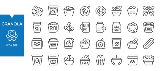 Fototapeta premium Granola Icons Set – Flat Healthy Breakfast, Cereal Organic Food Vector Collection