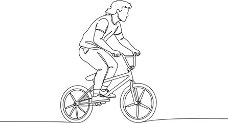 Fototapeta premium Man riding a BMX bike in a line art style, side view.