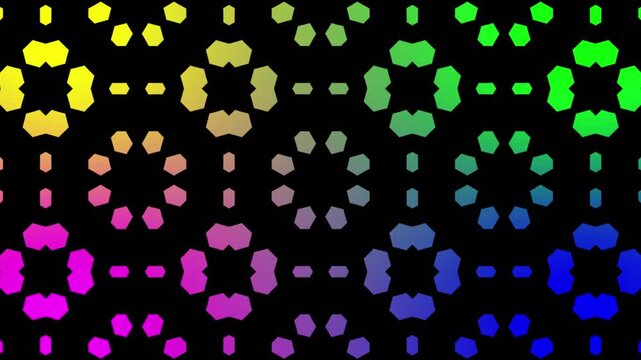 Vibrant geometric kaleidoscope motion background, with shifting rainbow, pattern and pulsing, star shapes