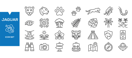 Jaguar Icons Set – Flat Wildlife, Big Cat Jungle Animal Vector Collection © Setgallery
