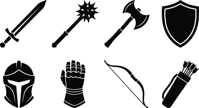 Medieval Weapons and Armor Silhouette Vector Set Featuring Sword Axe Shield Helmet and Bow