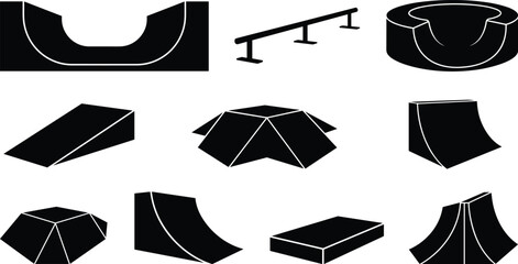 Skatepark Obstacles Silhouette Vector Set Featuring Halfpipe Ramps Rails and Funboxes © Mst