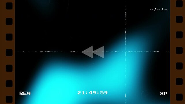VHS rewind transition effect with blue lightleaks and retro film frame borders featuring a countdown timer and analog static noise for vintage video aesthetics
