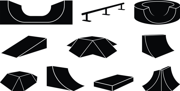 Skatepark Obstacles Silhouette Vector Set Featuring Halfpipe Ramps Rails and Funboxes