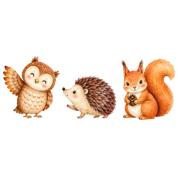 Cute Woodland Friends: An adorable illustration featuring a friendly owl waving, a playful hedgehog, and a cheerful squirrel holding a pinecone, set against a clean background.