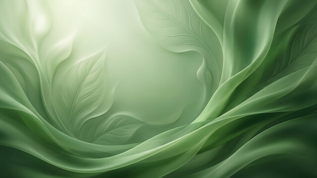 Soft abstract green silk wave frame background with delicate leaf motif and copy space