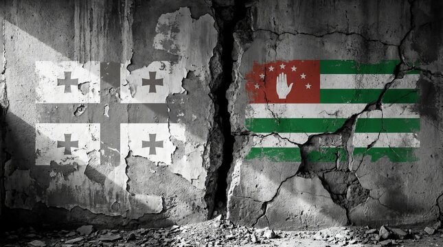 The national flags of georgia and abkhazia painted on a weathered cracked concrete wall representing political conflict and historical territorial dispute between nations