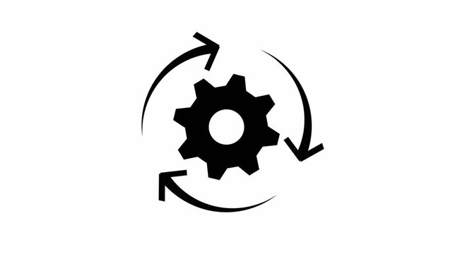 Rotating gear animation with circular arrows, minimalist industrial process symbol for business efficiency and technical workflow concepts