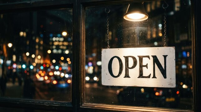 An open sign hanging on a glass door of a shop at night, with blurred city lights reflecting in the background, signaling business activity