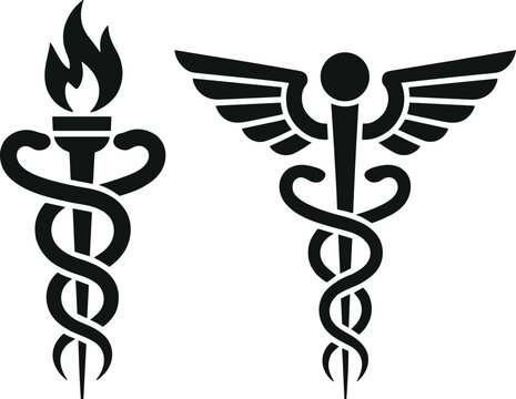 Caduceus and Torch of Prometheus Symbols in Black Silhouette Keywords: caduceus, medical, symbol, snake, staff, wings, rod