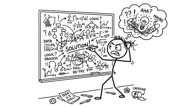 Frustrated stick figure solving complex problems on whiteboard.