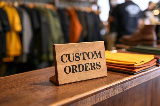 Custom orders wooden tabletop sign displayed on a shop counter