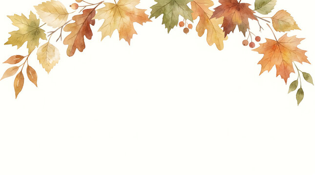 Watercolor illustration of autumn leaves arranged in a decorative arch border.