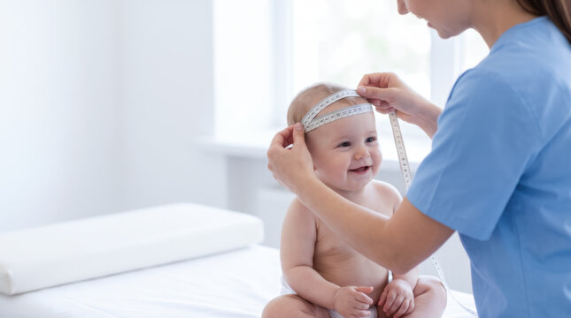 Pediatric healthcare nurse measuring infant head in clinical office with happy baby