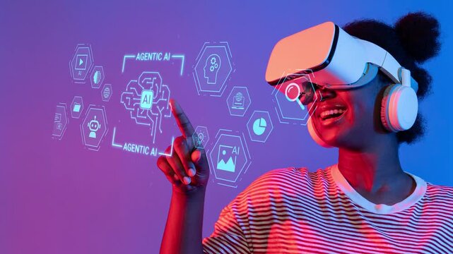 Young woman enjoying virtual reality experience with futuristic Artificial Intelligence graphics and neon lighting against a colorful background Gluon.