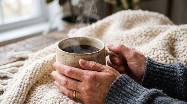Close up of hands holding a steaming mug of coffee wrapped in a cozy knitted blanket near a window