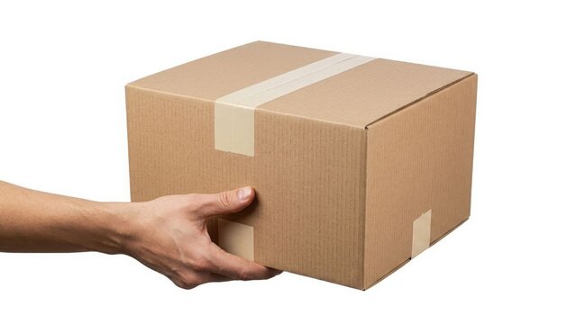 A person hand holding a brown cardboard shipping box with adhesive tape, isolated on a white background, delivery and logistics concept