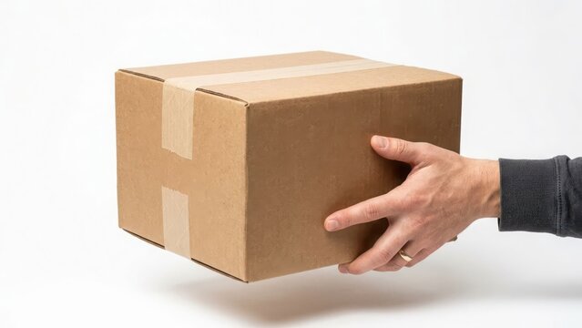 A person holding a brown cardboard shipping box with both hands, isolated on a plain white background, ready for delivery or logistics use
