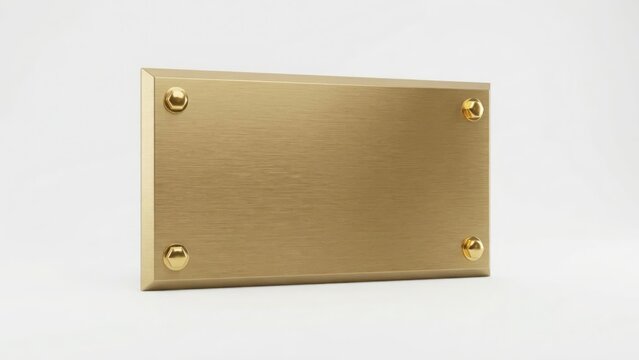 A rectangular brushed bronze metal plaque with four golden decorative rivets at the corners, isolated on a clean white background, for signage use