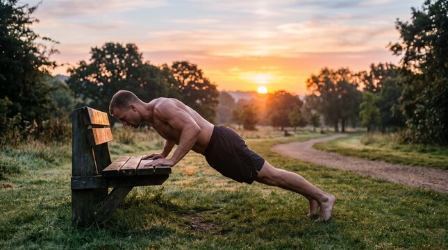 Man doing push ups on a park bench at sunrise with golden sky and trees