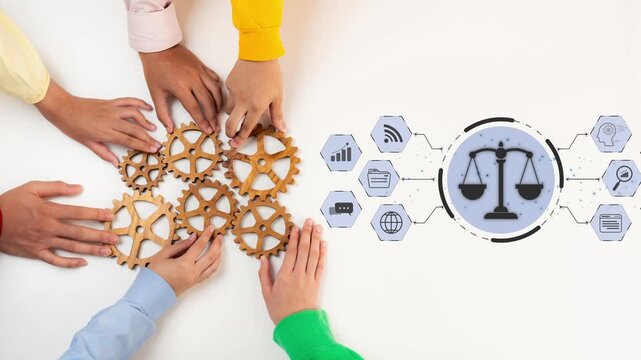 Diverse hands work together on gears symbolizing cooperation, innovation, and balance while representing legal principles in a modern business setting. Raster