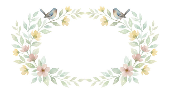 Watercolor floral wreath frame with cute little birds and pastel flowers on white background.