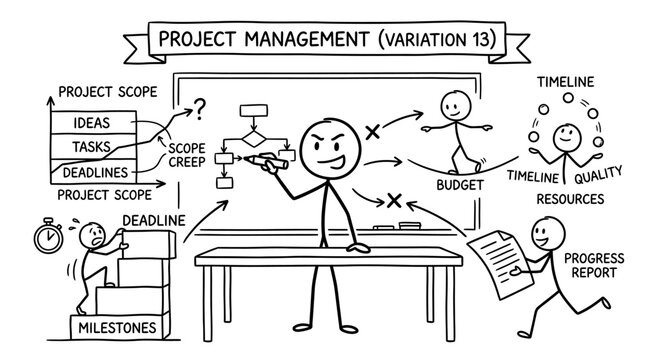 Project management flow chart with stick figure manager.