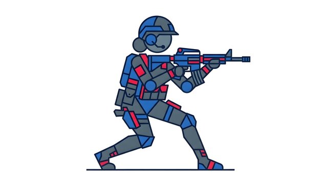 Futuristic soldier in tactical gear aiming rifle in vector illustration