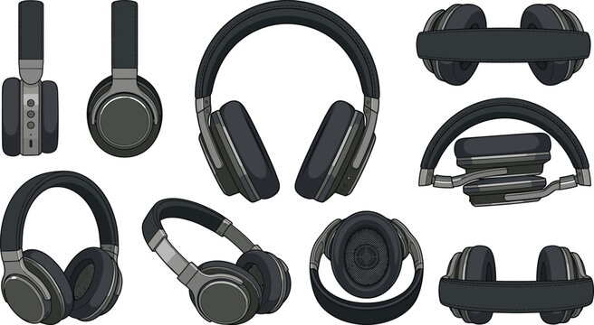 Wireless Over Ear Headphones Vector Icon Set with Folded, Top, Side, and Front Perspective Angles for Audio Technology and Music Listening Graphic Designs