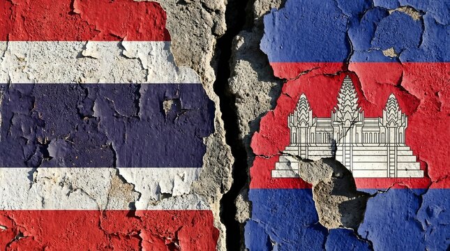 A conceptual image showing the national flags of thailand and cambodia painted on a cracked and weathered stone wall representing international border relations