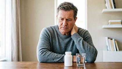 Fototapeta premium Depression and Mental Health. Middle-aged man sitting at a table with a bottle of medication and a glass of water, looking contemplative in a well-lit indoor setting