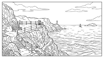 Obraz premium Coastal cliff viewpoint overlooking the ocean coloring page line art