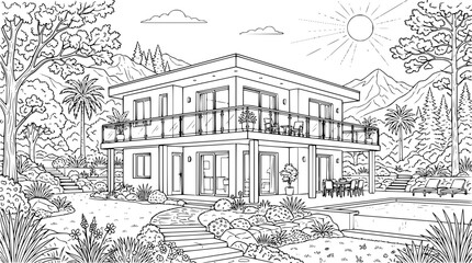 Fototapeta premium Modern Luxury House with Swimming Pool and Mountain View Coloring Page
