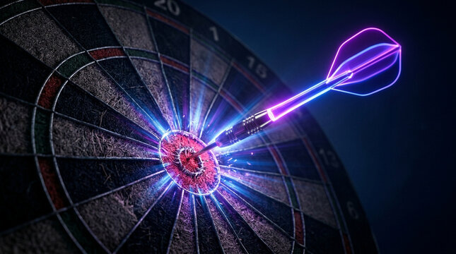 Glowing neon dart hitting the bullseye on a sisal dartboard with energy effect