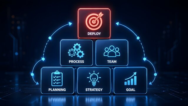 Glowing digital pyramid blocks showing business strategy steps from planning to deployment target