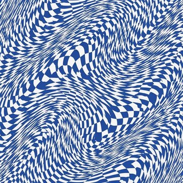 Warped Checkered Dream: Psychedelic Digital Art of Flowing Blue and White