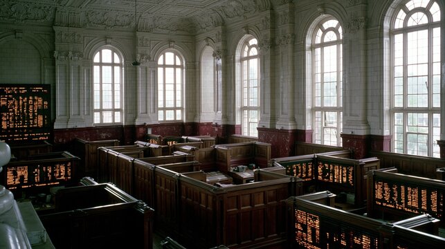 Ornate Historic Courtroom Interior with Wooden Benches and Large Arched Windows
