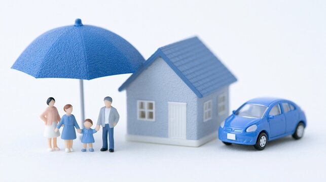 Miniature family, house, and car protected by a blue umbrella representing insurance and security