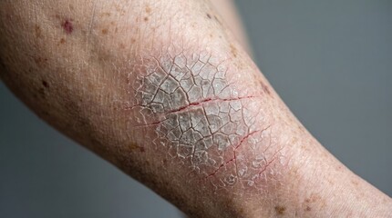 Fototapeta premium Close Up of Severe Dry Cracked Skin and Psoriasis Eczema Patch on Human Lower Leg