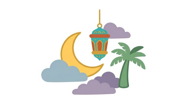 Ramadan lantern moon palm tree clouds.