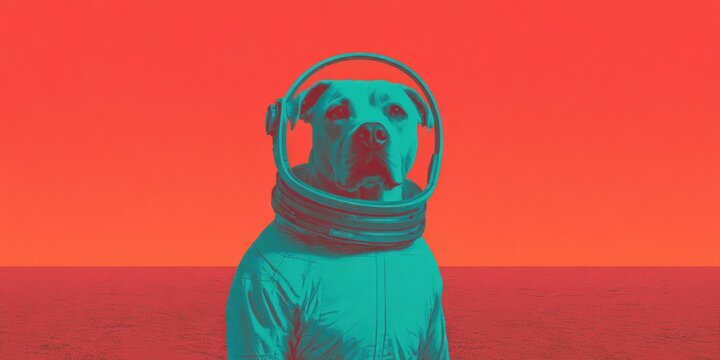 Dog in Astronaut Suit Digital Art Against Vibrant Orange Background Exploring Science Fiction Themes Futuristic Space Adventure Concepts