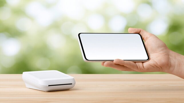 Hand holding modern smartphone with blank screen next to portable label printer on wooden table, blurred green background