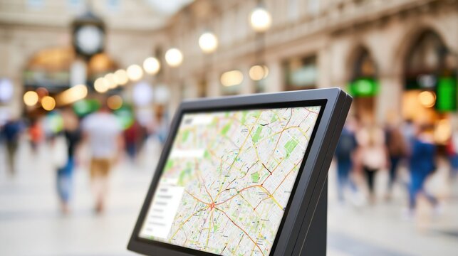 Digital map display in busy indoor shopping arcade with blurred shoppers and warm lighting in background