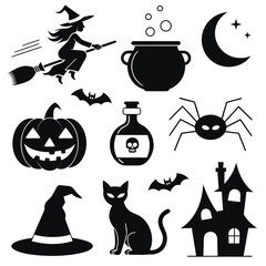 Fototapeta premium Halloween icon set with witch, cauldron, moon, pumpkin, potion, spider, cat, and haunted house